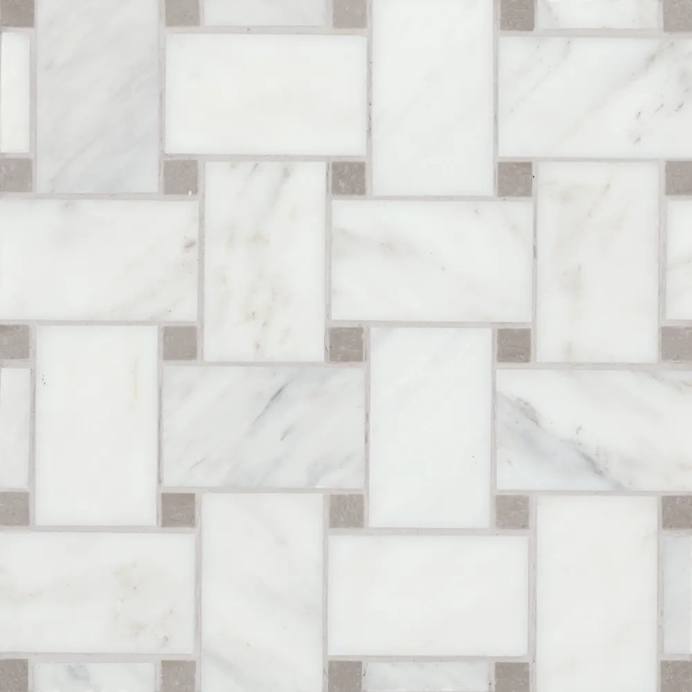 Jumbo Basketweave Honed Marble in White Carrara with Absolute Black Dot