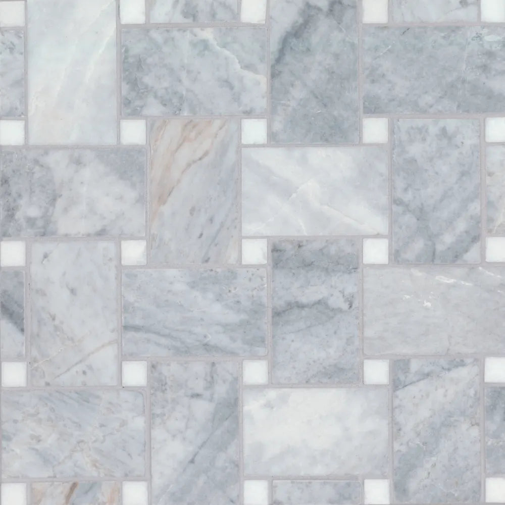 Jumbo Basketweave Honed Marble in White Carrara with Absolute Black Dot