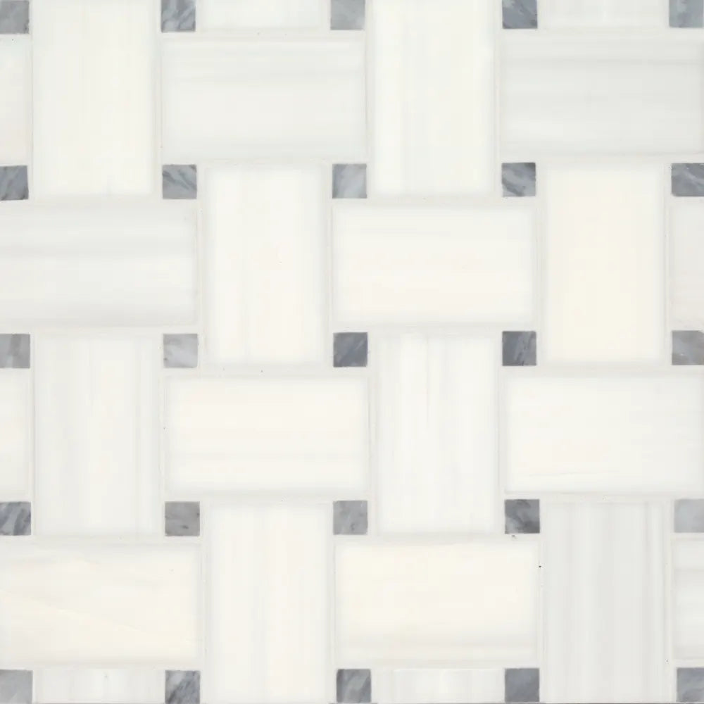 Jumbo Basketweave Honed Marble in White Carrara with Absolute Black Dot