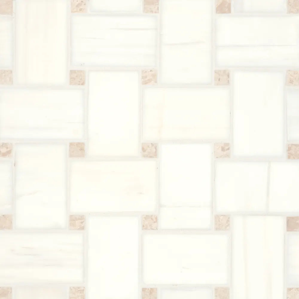 Jumbo Basketweave Honed Marble in White Carrara with Absolute Black Dot