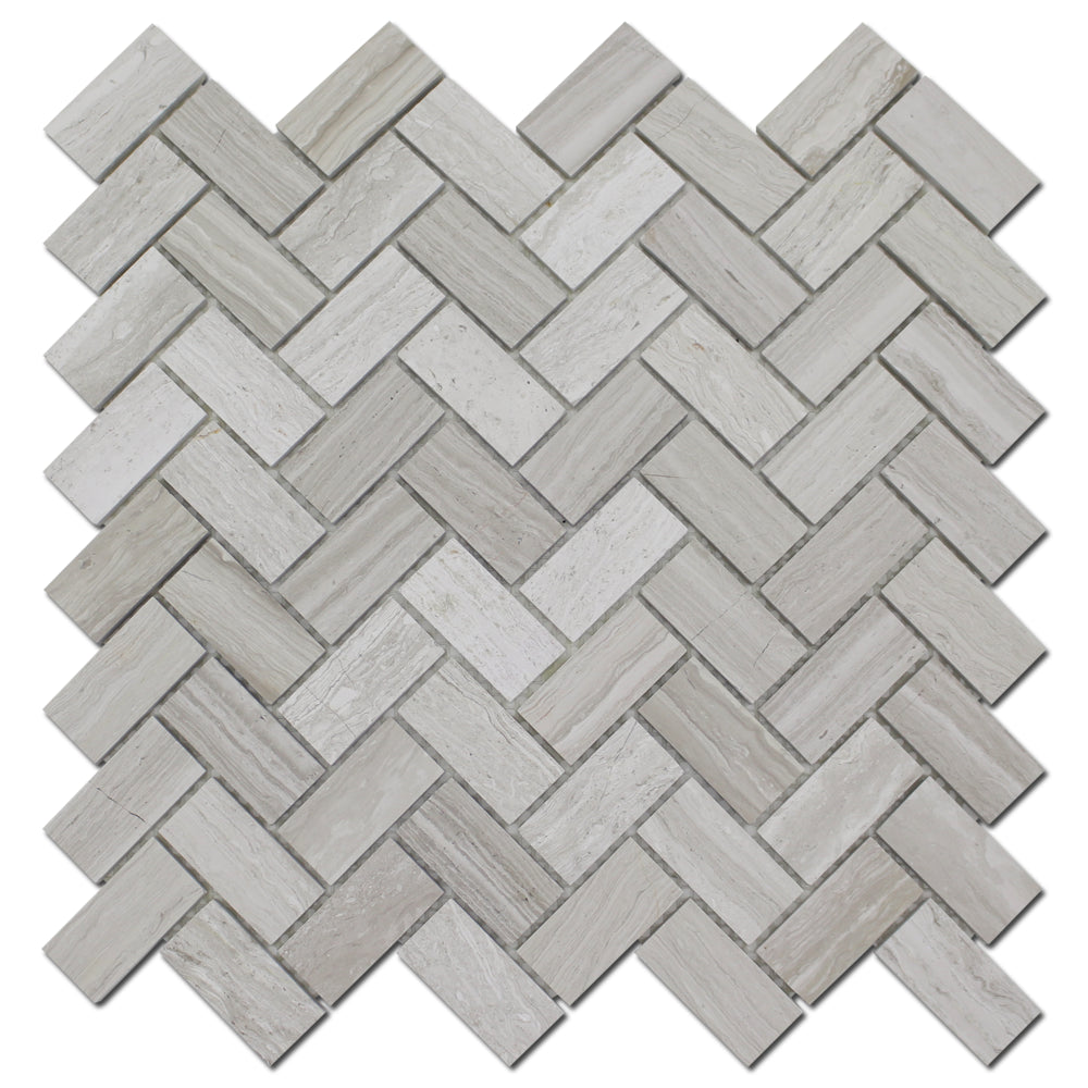 1×2 Wooden White Herringbone Honed