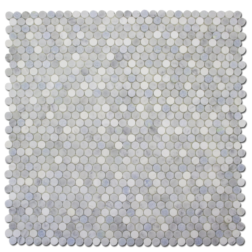 Penny Round Mosaic B. Venato Dolomite, Carrara & Blue Celeste