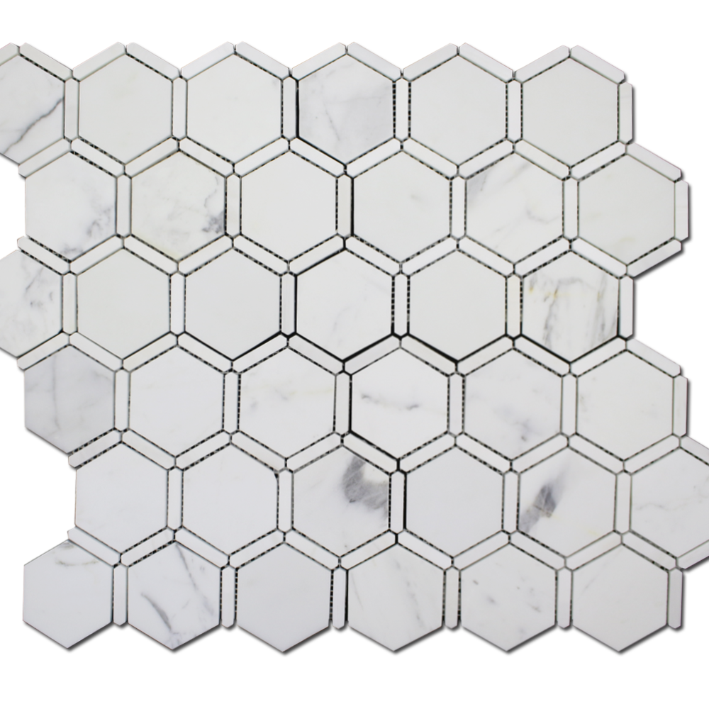 Sanibel Mosaic 3″ Honeycomb – Calacatta Gold w/Bianco Venato Dolomite