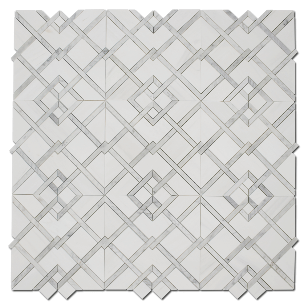 Waterjet Mosaic Piazza Bianco Venato Dolomite w/ Carrara 12 3/4" x 14"-1.13 sqft per sheet