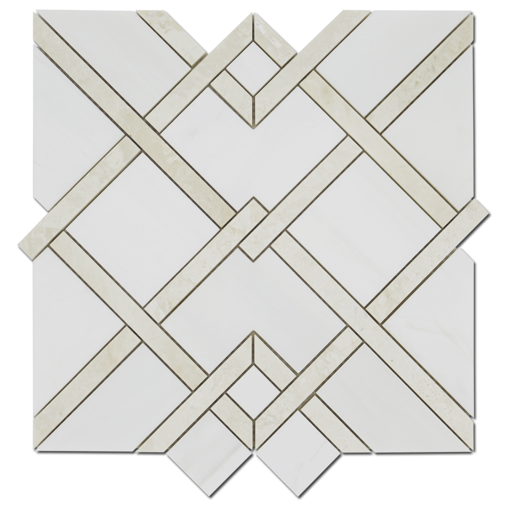 Waterjet Mosaic Piazza Bianco Venato Dolomite w/ Perla 12 3/4" x 141.13 sqft per sheet