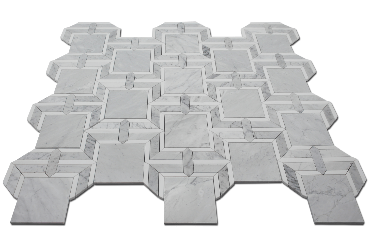 Waterjet Mosaic Rhapsody - Carrara w/ Bianco Venato Dolomite 10 1/2 "*11^ " -0.63 sqft per sheet