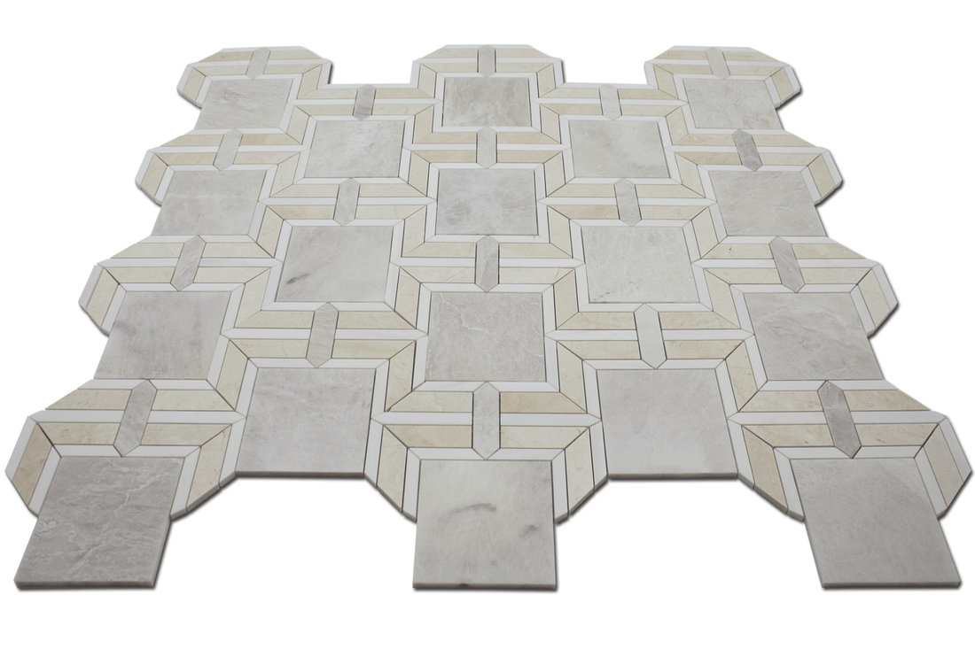 Waterjet Mosaic Rhapsody - Iceberg, Perla w/ Bianco Venato Dolomite 10 1/2" x 11"-0.63 sqft per sheet