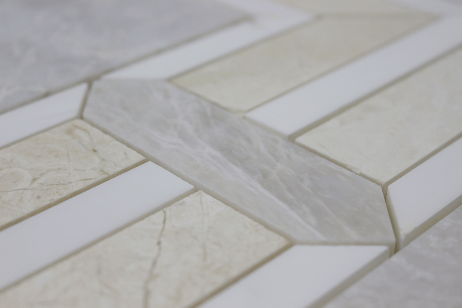 Waterjet Mosaic Rhapsody - Iceberg, Perla w/ Bianco Venato Dolomite 10 1/2" x 11"-0.63 sqft per sheet