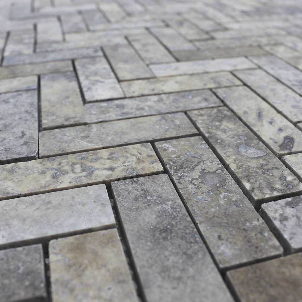 Silver Travertine 1&quot; x 3&quot; Herringbone