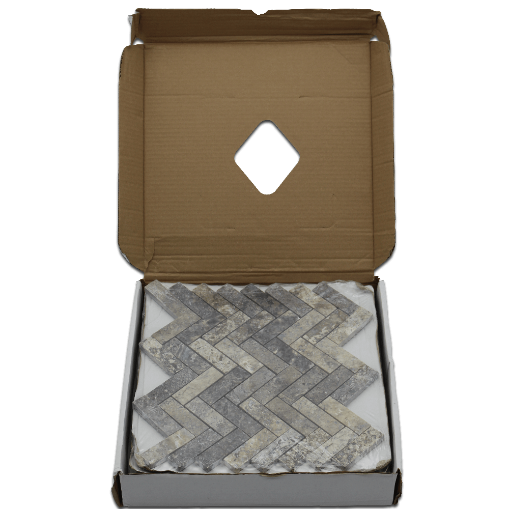 Silver Travertine 1&quot; x 3&quot; Herringbone