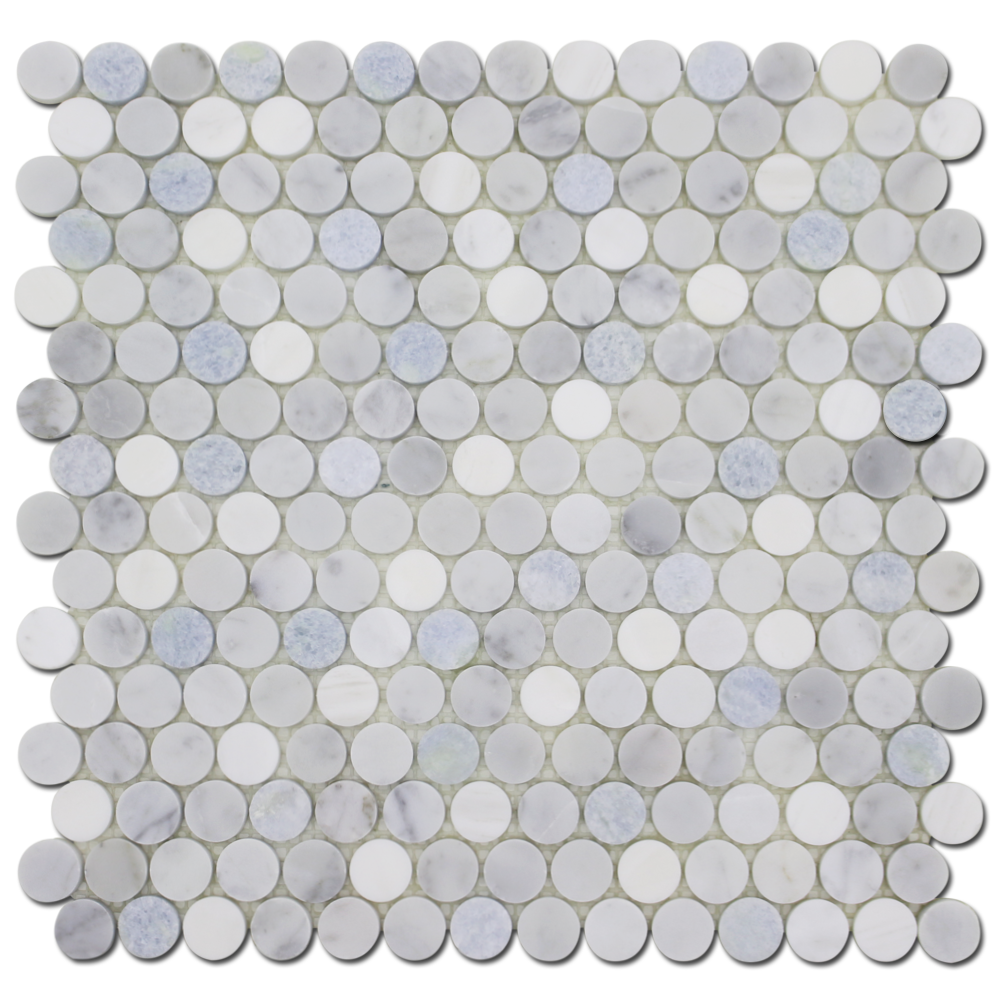 Bianco Venato Dolomite Penny Round W/ Carrara & Blue Celeste