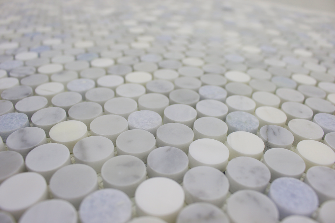 Penny Round Mosaic B. Venato Dolomite, Carrara &amp; Blue Celeste