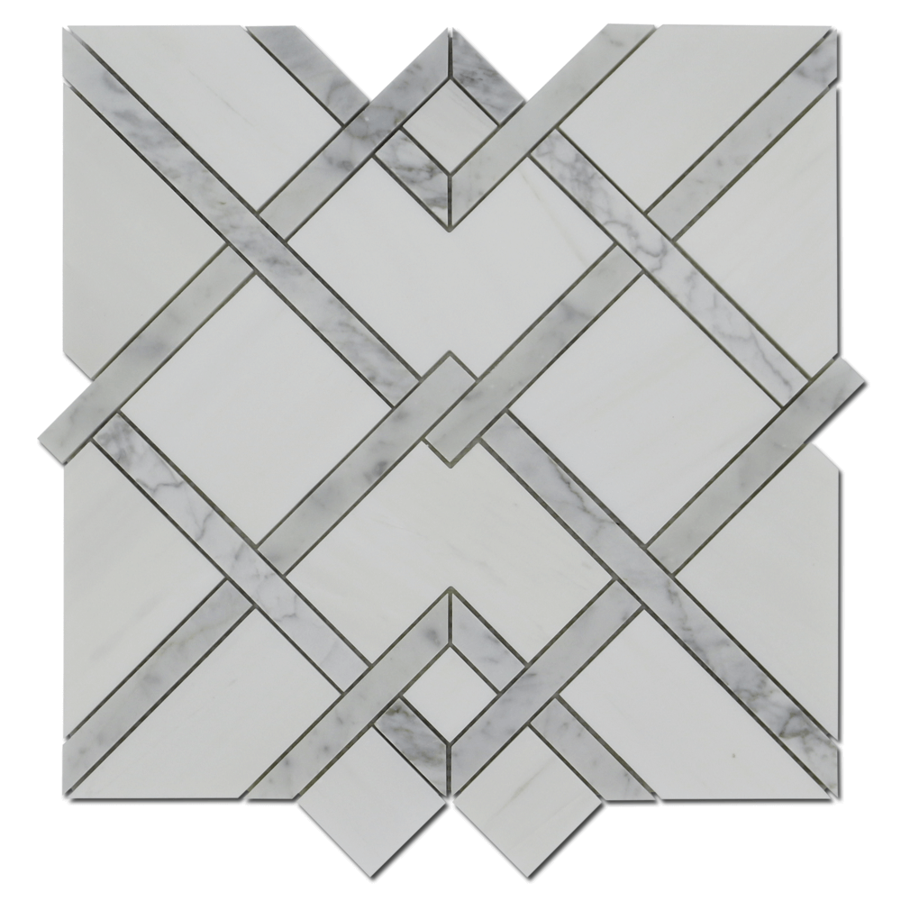Waterjet  Mosaic Piazza Bianco Venato Dolomite w/ Carrara 12 3/4&quot; x 14&quot;-1.13 sqft per sheet